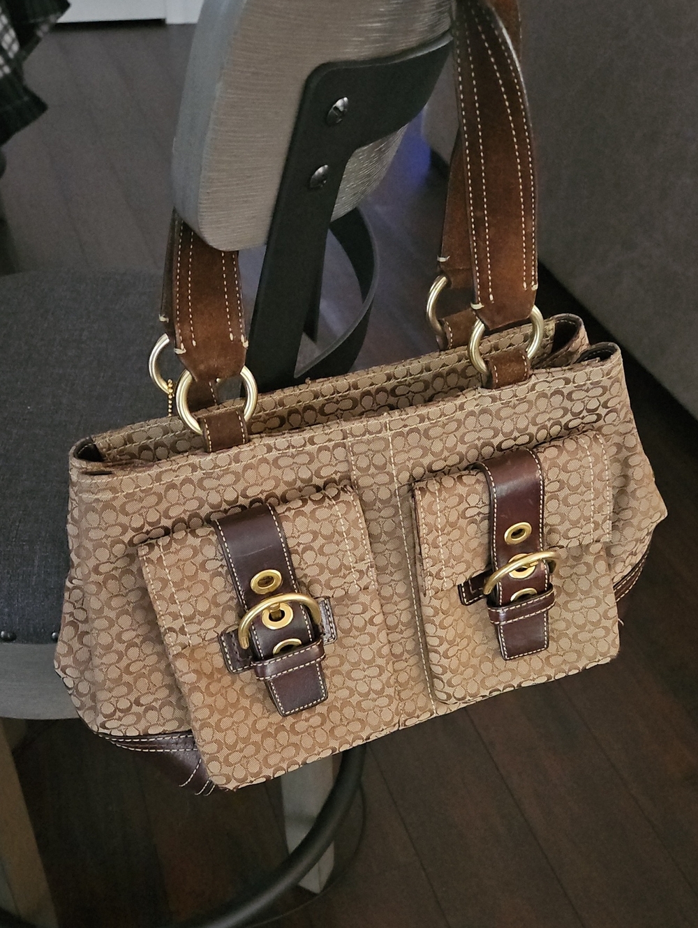 Coach Beige Patterned Canvas Tote with Brown Leather Trim